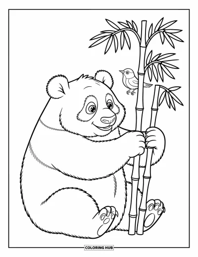 Panda-Ausmalbild für Kinder: Ein Panda hält mit beiden Pfoten einen Bambusstängel fest und schaut zu einem kleinen Vogel oben darauf