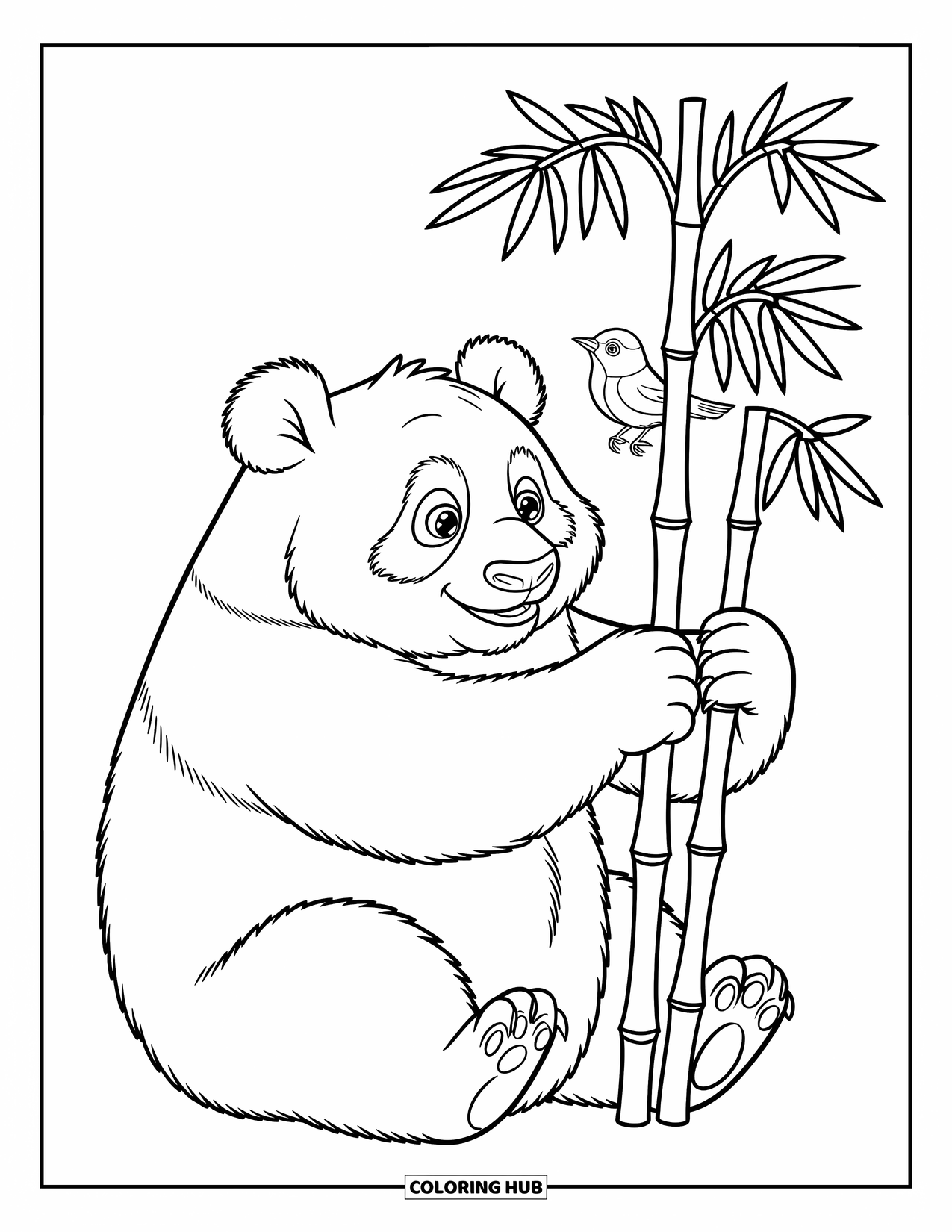 Panda Kleurplaat voor Kinderen: Een panda klemt een bamboestengel met beide poten vast en kijkt naar een klein vogeltje dat bovenop zit