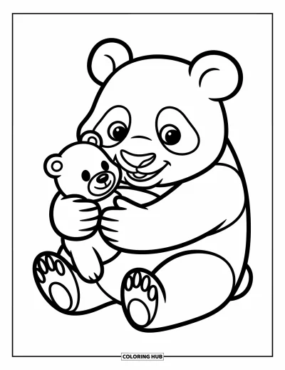 Panda-Ausmalbild für Kinder: Ein Panda kuschelt einen Teddybären, ihre Umarmung ist voller Weichheit und Freude