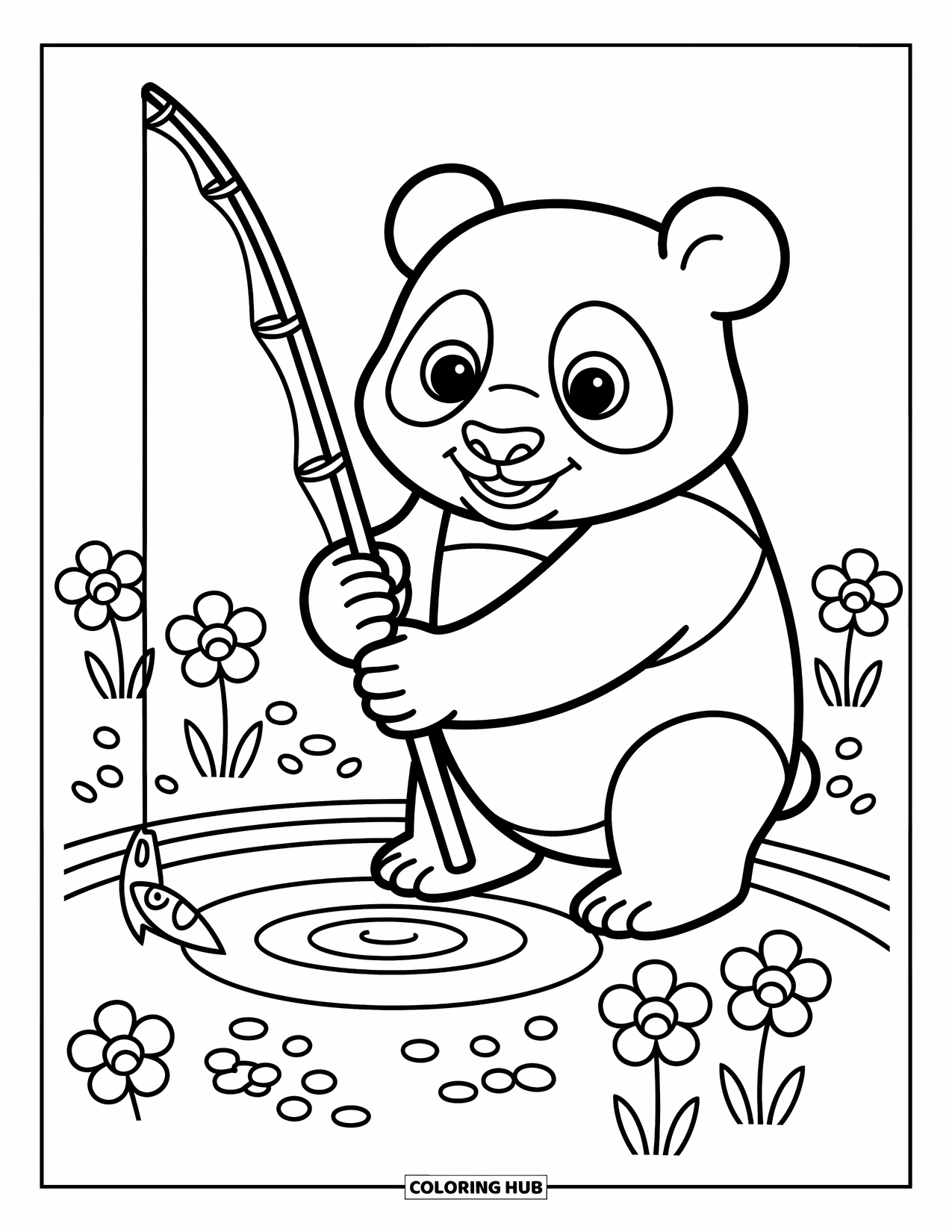 Panda Kleurplaat voor Kinderen: Een panda vist geduldig en kijkt naar het water dat rimpelt terwijl er kleine belletjes rond zijn haak drijven