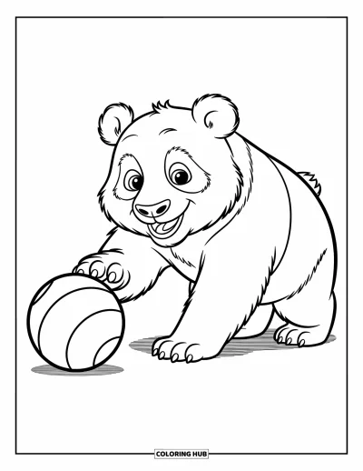 Panda-Ausmalbild für Kinder: Ein Panda wiegt einen Bambusstängel sanft in den Pfoten und schaut auf einen kleinen Vogel oben darauf