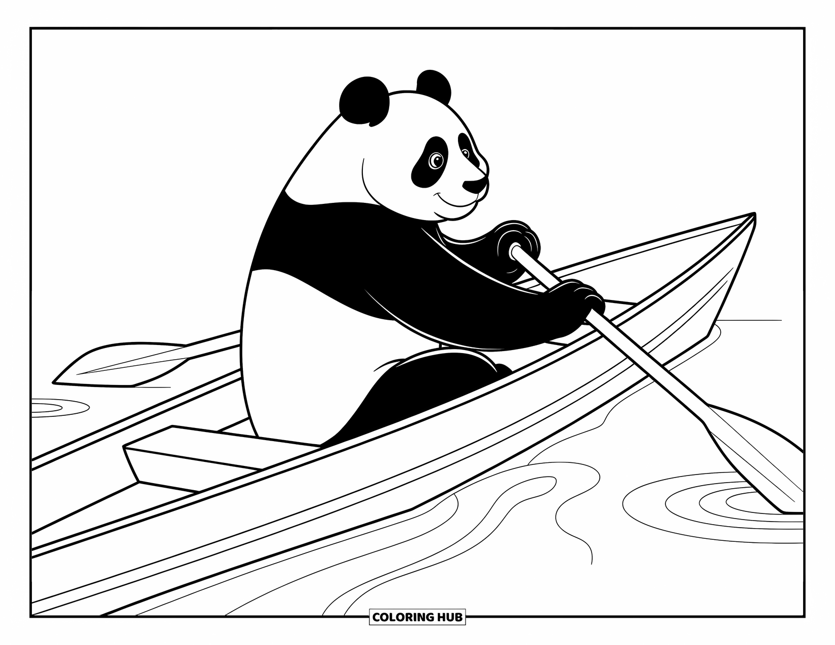 Panda Kleurplaat voor Kinderen: Een panda roeit zachtjes een boot over serene wateren, omringd door zachte rimpelingen en zachte golven