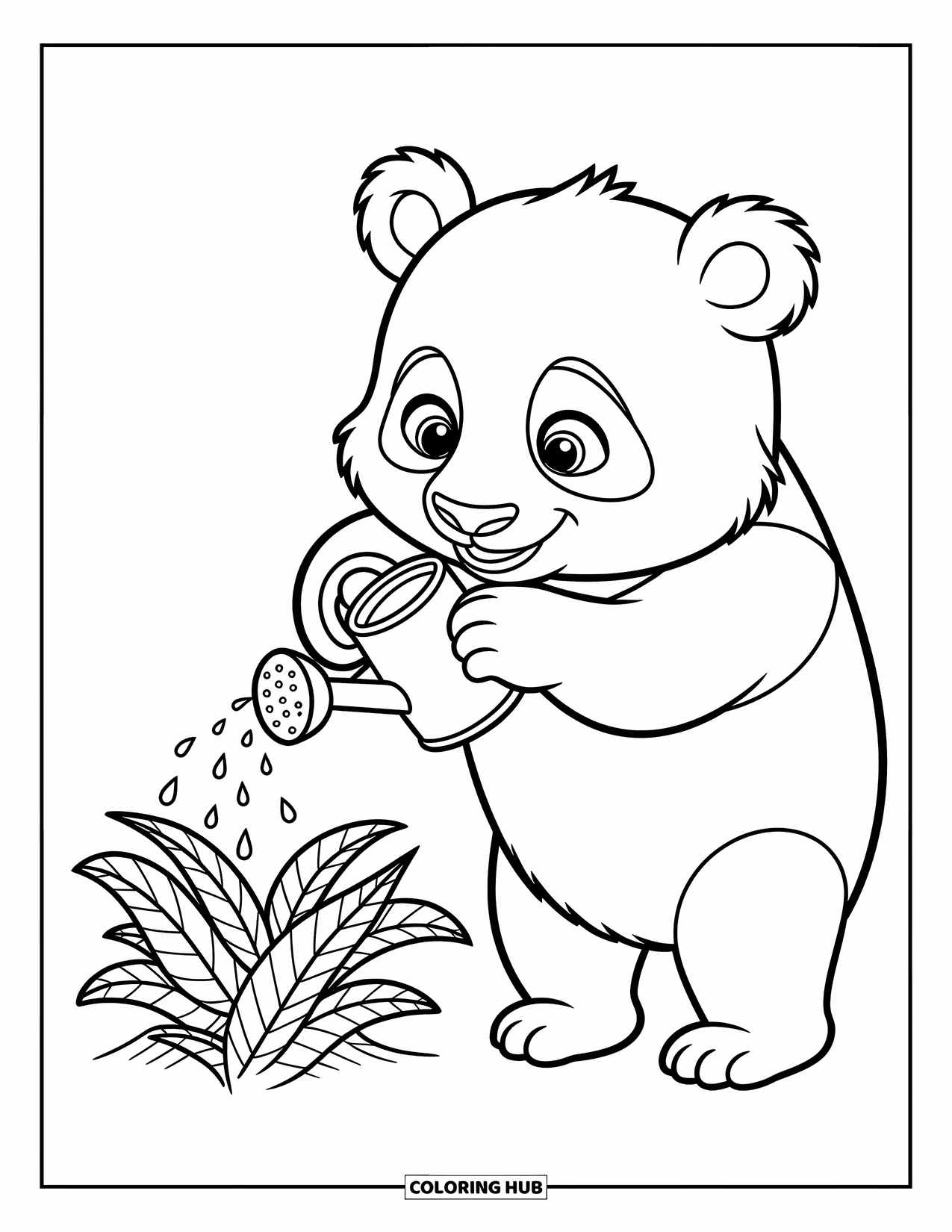 Panda Kleurplaat voor Kinderen: Een panda geeft zachtjes water aan een groeiende plant en houdt een kleine gieter vast met een speelse uitdrukking
