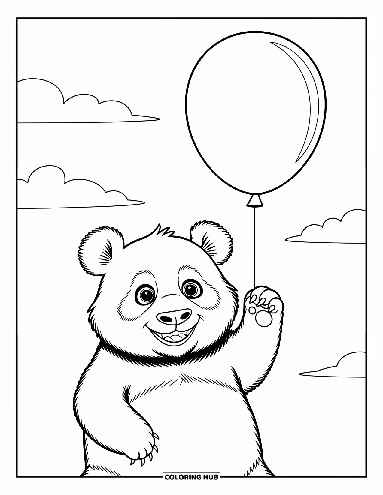 Panda Kleurplaat voor Kinderen: Een panda houdt een ballon vast, omringd door zachte wolken en een zacht briesje