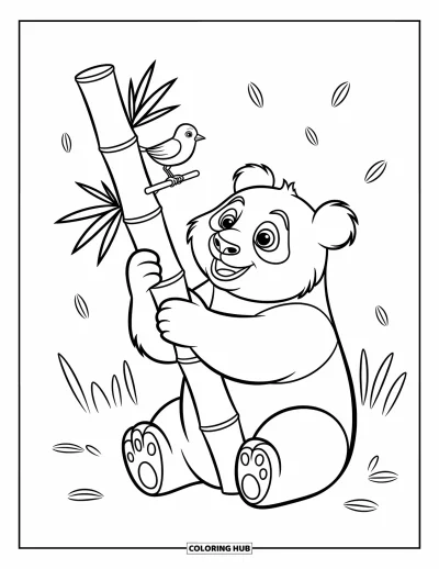 Panda-Ausmalbild für Kinder: Ein Panda hält einen Bambusstängel und blickt neugierig zu einem kleinen Vogel oben darauf