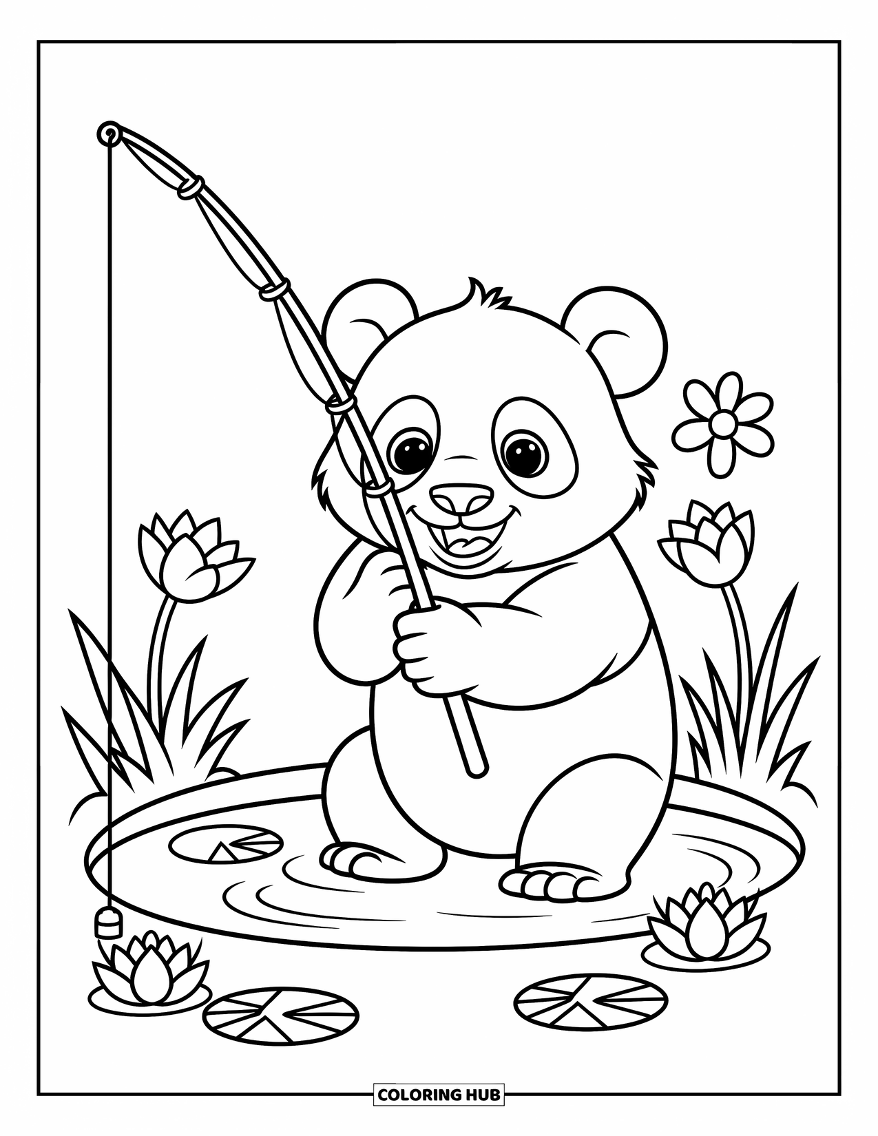 Panda Kleurplaat voor Kinderen: Een panda houdt een hengel vast, zijn lijn dipt in een kleine vijver omringd door waterlelies
