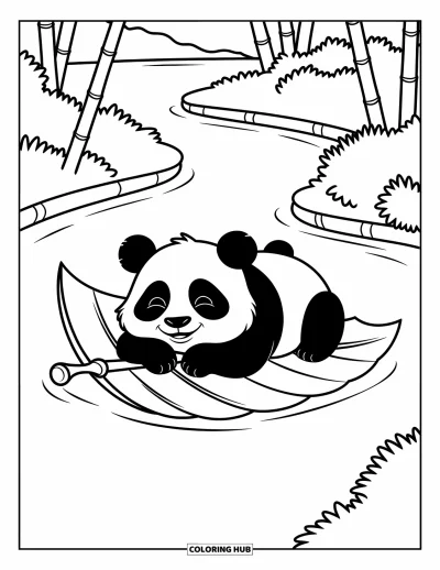 Panda-Ausmalbild für Kinder: Ein Panda hält eine riesige Feder und winkt damit in der Luft, während weiche Wolken vorbeiziehen
