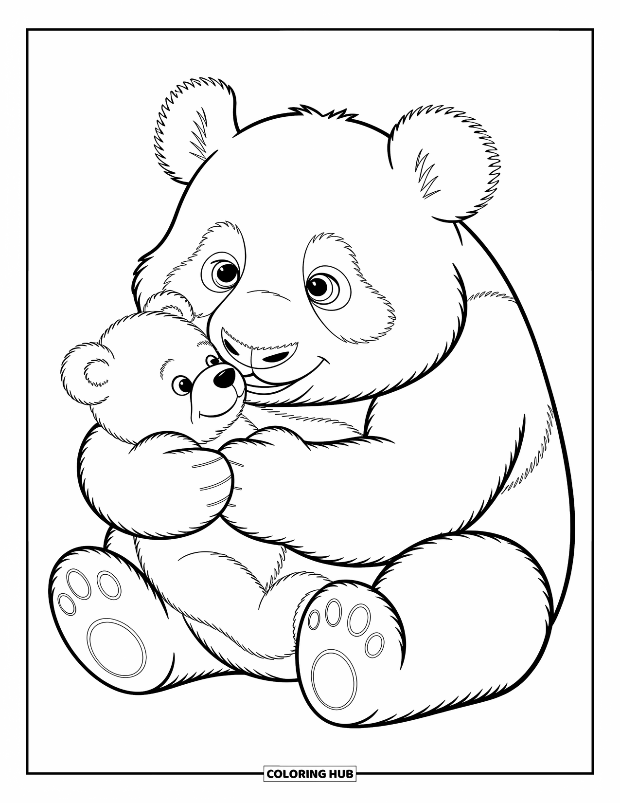 Panda Kleurplaat voor Kinderen: Een panda houdt een kleine teddybeer vast, gewikkeld in een zachte, liefdevolle knuffel