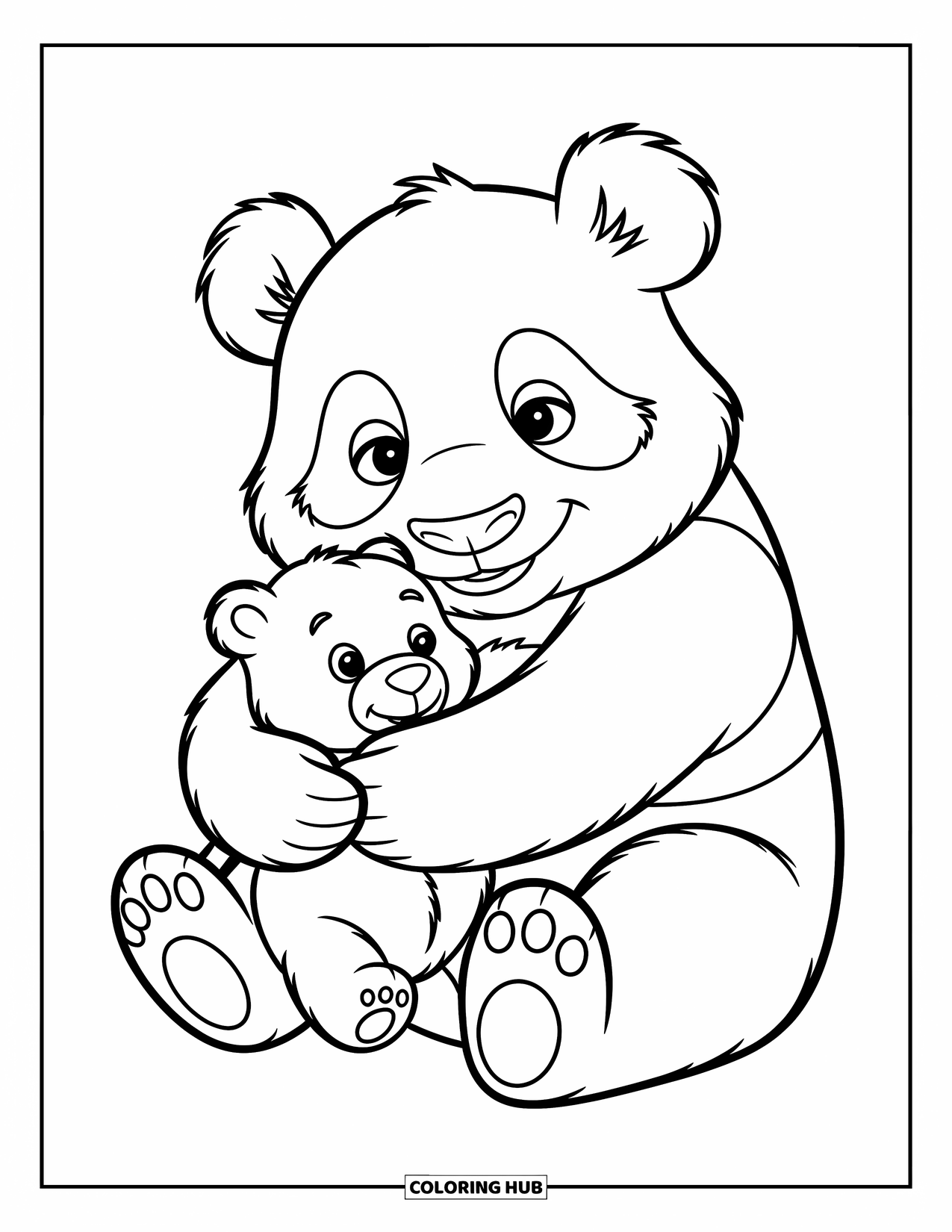 Panda Kleurplaat voor Kinderen: Een panda knuffelt een kleine teddybeer, genesteld in een gezellige omhelzing