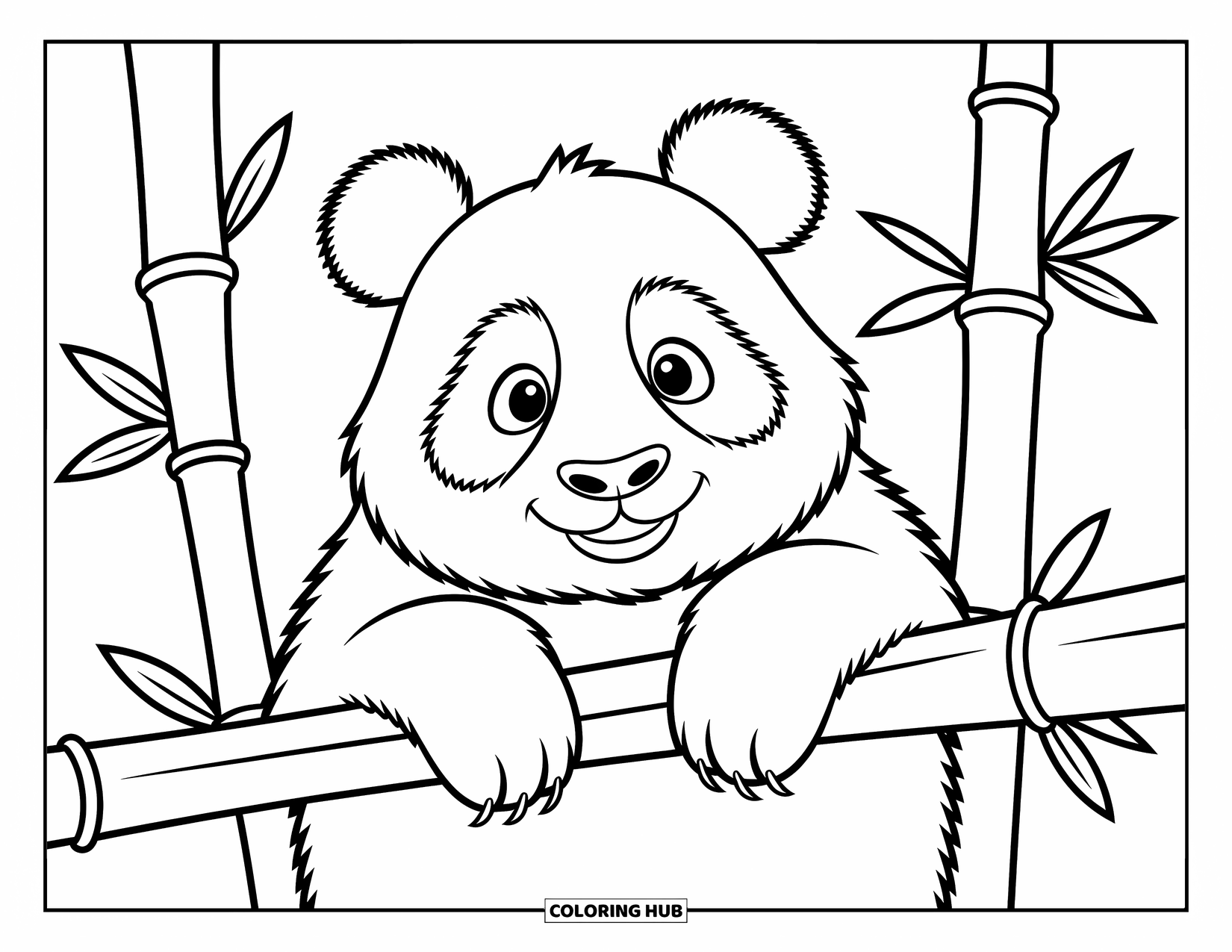 Panda Kleurplaat voor Kinderen: Een panda leunt op een reusachtige bamboescheut, zijn ogen vol nieuwsgierigheid