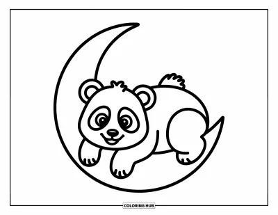 Panda-Ausmalbild für Kinder: Ein Panda liegt auf einer Mondsichel, seine Pfoten hängen sanft über den Rand