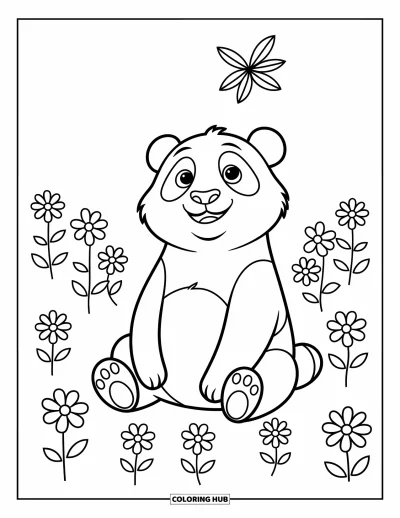 Panda-Ausmalbild für Kinder: Ein Panda schaut zu einem treibenden Blatt hinauf, umgeben von zarten Blumen in ruhiger Szene