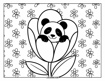 Panda-Ausmalbild für Kinder: Ein Panda liegt entspannt in einer riesigen Blume, friedlich umgeben von weichen Blütenblättern