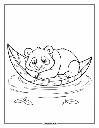 Panda-Ausmalbild für Kinder: Ein Panda liegt auf einem Bambusblatt und treibt sanft einen ruhigen Fluss hinab