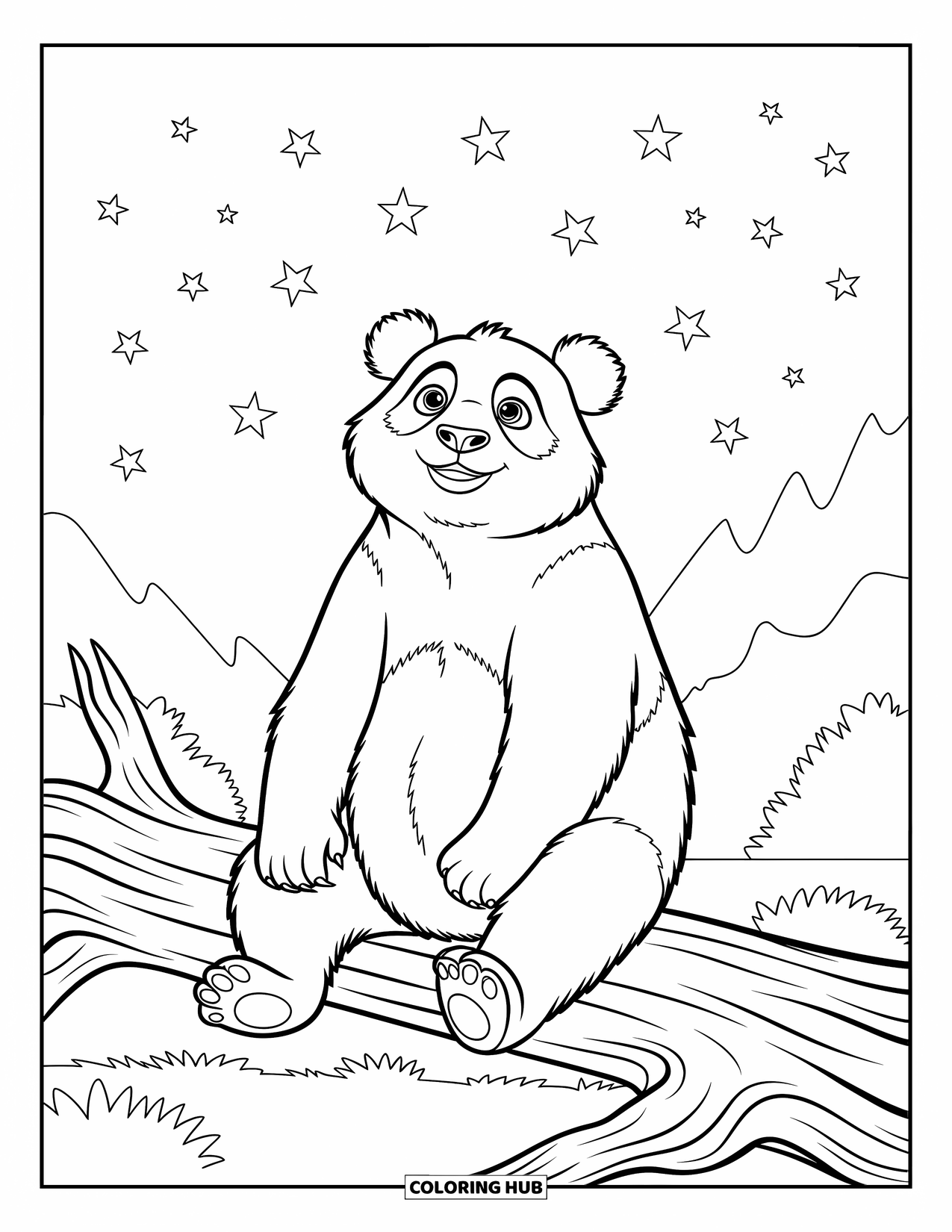 Panda Kleurplaat voor Kinderen: Een panda ligt op een omgevallen boom en kijkt met een blik van verwondering naar een dromerige nachthemel
