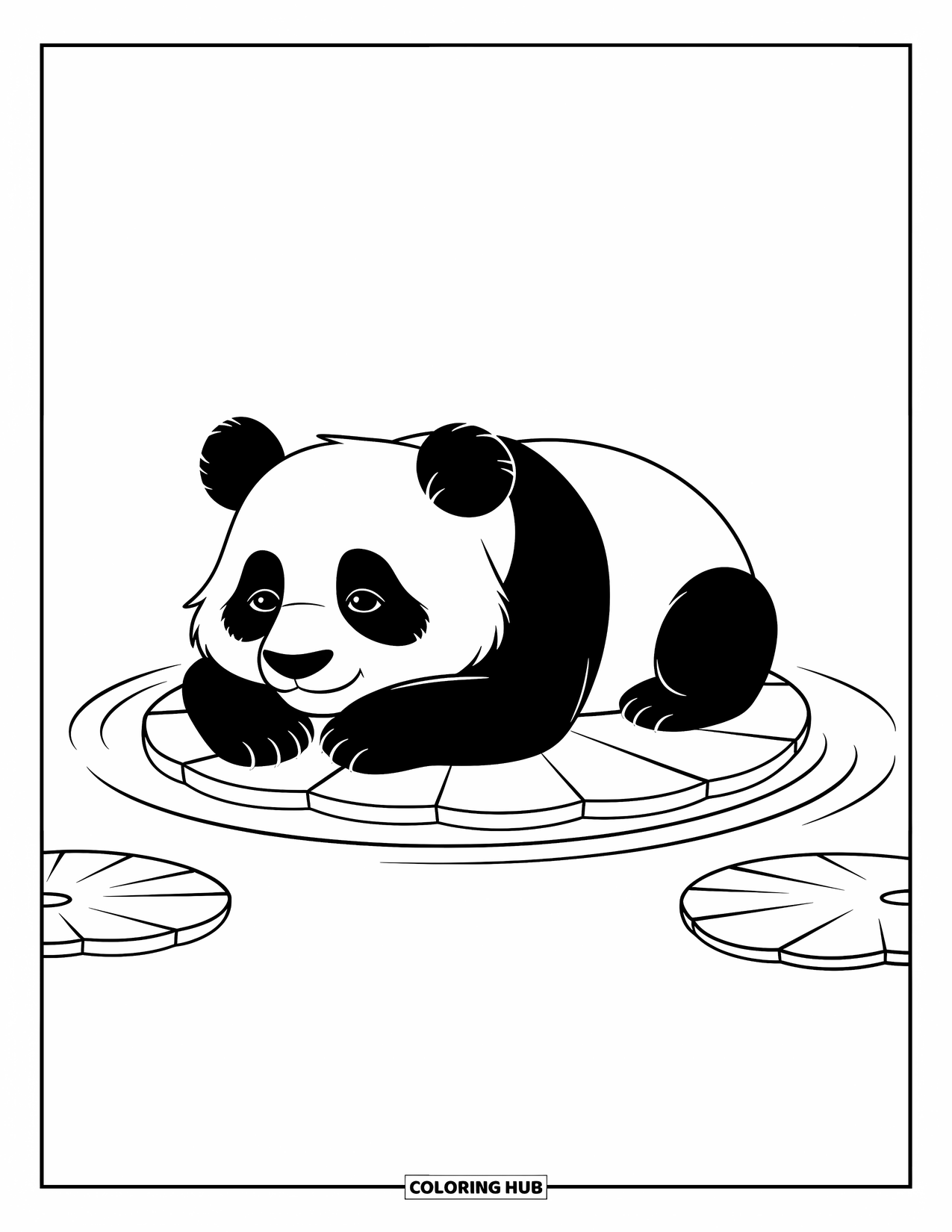 Panda Kleurplaat voor Kinderen: Een panda ligt op een drijvend waterlelieblad en kijkt in het rimpelende water in een vredige scène