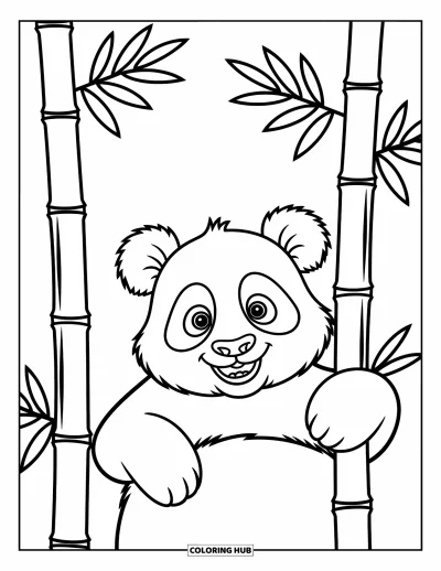 Panda-Ausmalbild für Kinder: Ein Panda schaut hinter einem Bambusstängel hervor, sein rundes Gesicht voller Neugier