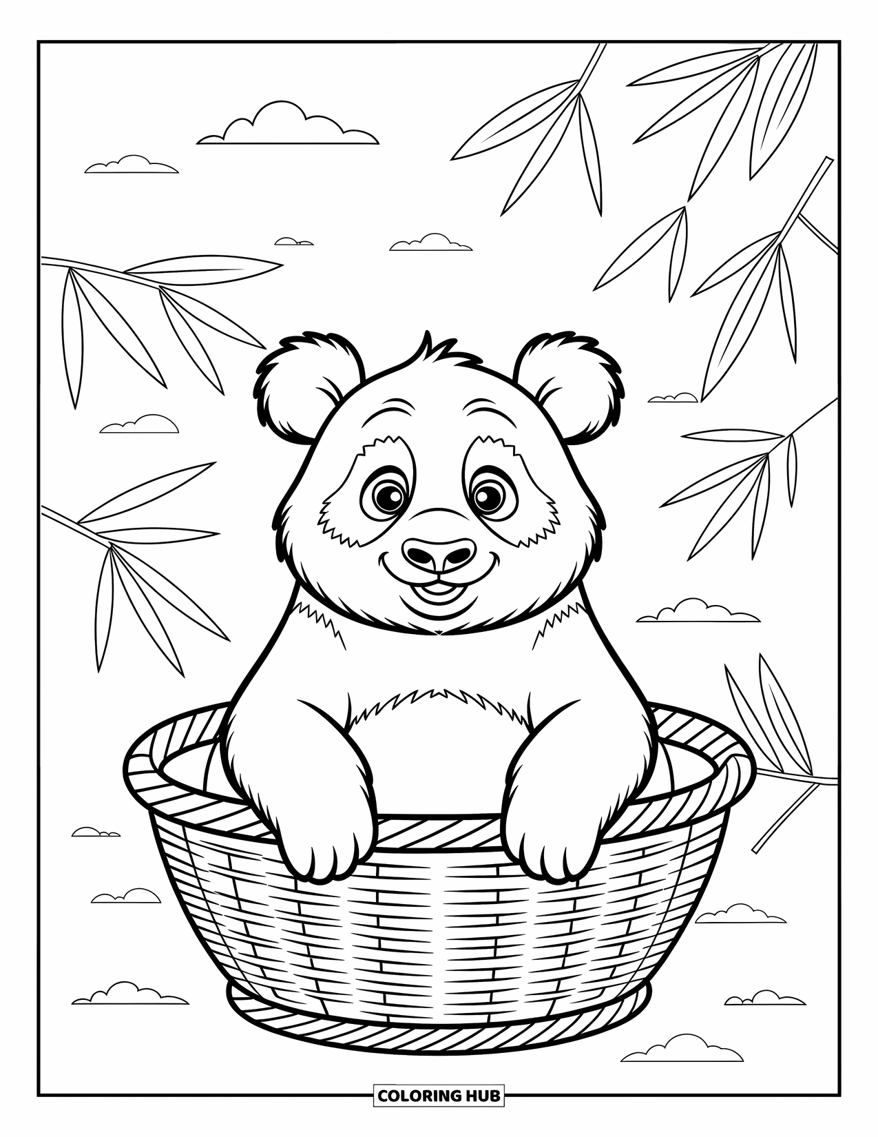 Desenho de Panda para Crianças: Um panda espreita de uma cesta, aninhado entre folhas de bambu suaves em uma cena simples e charmosa