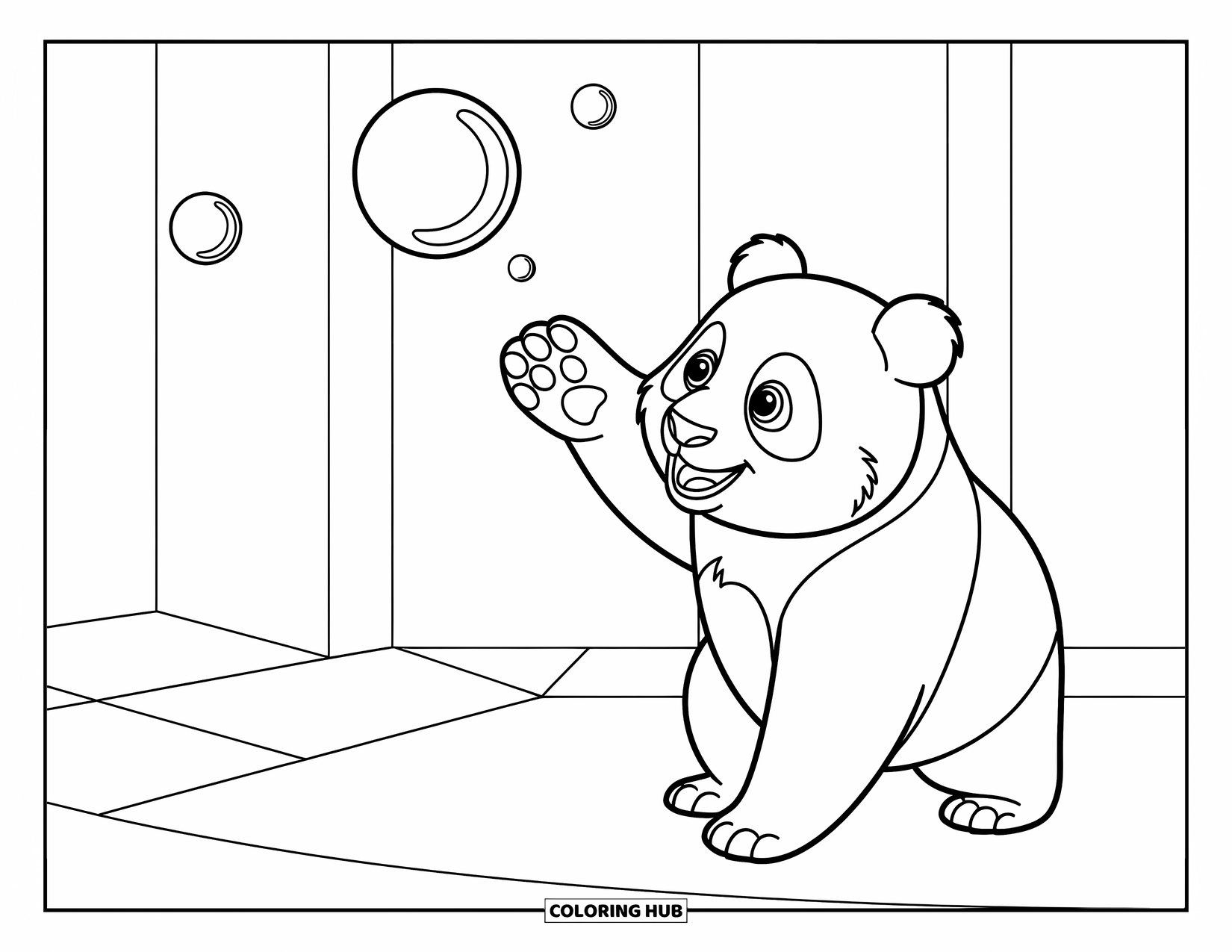 Panda Kleurplaat voor Kinderen: Een panda speelt speels met een zwevende zeepbel, verloren in een moment van vreugde