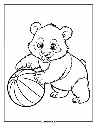 Panda-Ausmalbild für Kinder: Ein Panda streckt seine Pfote aus und rollt spielerisch einen Ball durch eine einfache, spannende Szene