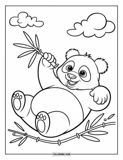 Panda-Ausmalbild für Kinder: Ein Panda entspannt auf dem Rücken, hält einen Bambusspross und ist von weichen Bambusblättern umgeben