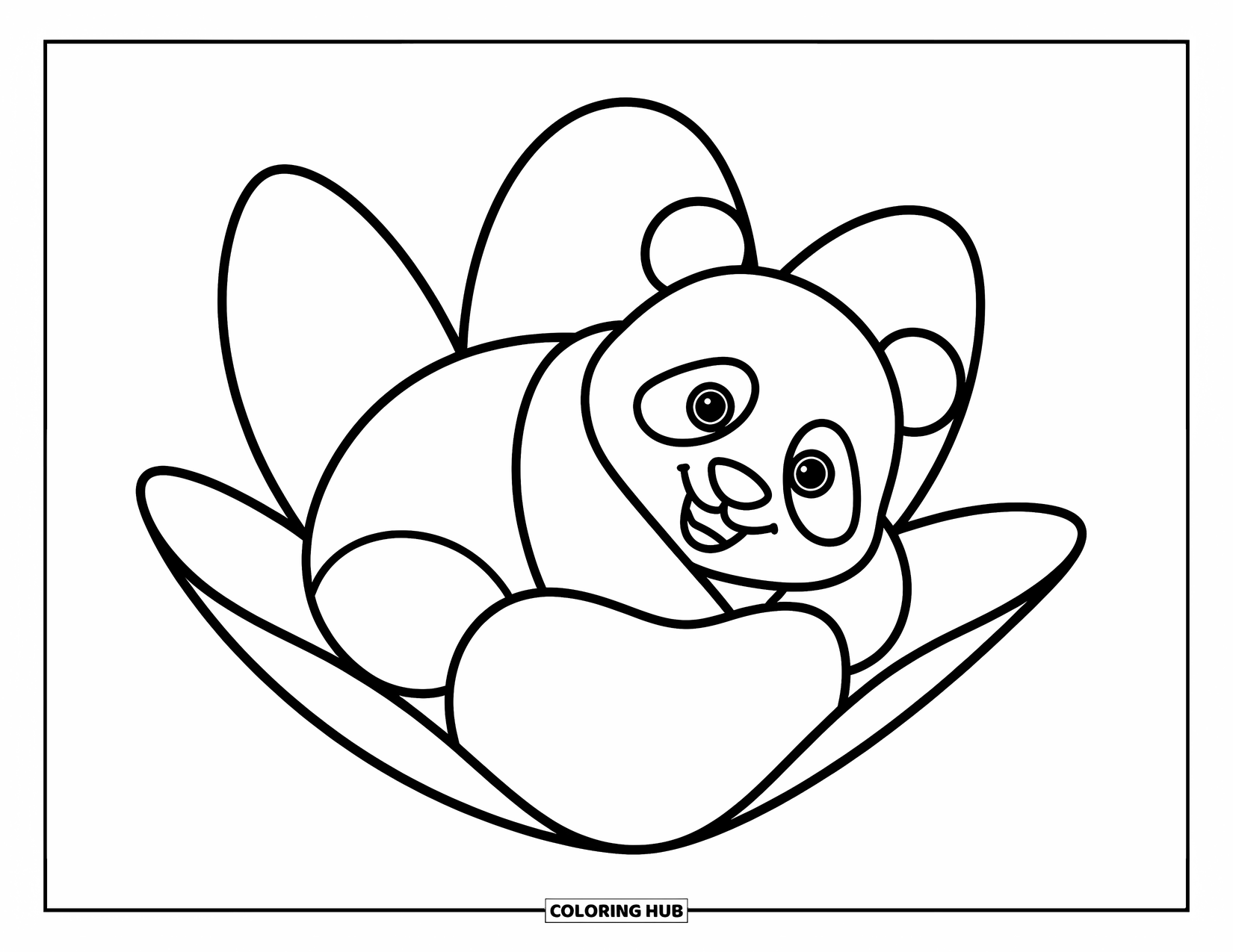 Panda Kleurplaat voor Kinderen: Een panda rust in een reusachtige bloem, genesteld tussen zachte, gebogen bloemblaadjes