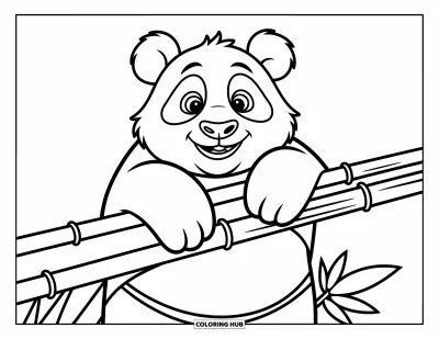 Panda-Ausmalbild für Kinder: Ein Panda legt seine Pfoten auf einen hohen Bambusspross und schaut staunend umher