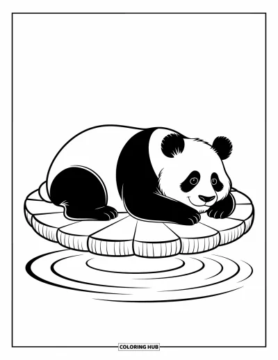 Panda-Ausmalbild für Kinder: Ein Panda ruht nachdenklich auf einem Seerosenblatt, umgeben von sanften Wasserkreisen und ruhiger Stimmung