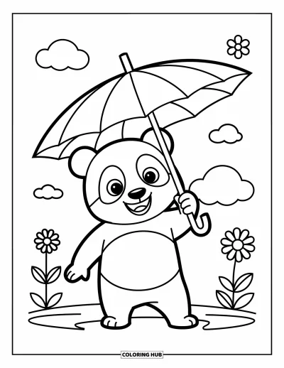 Panda-Ausmalbild für Kinder: Ein Panda ruht unter einem riesigen Blatt und nutzt es wie einen verspielten Regenschirm
