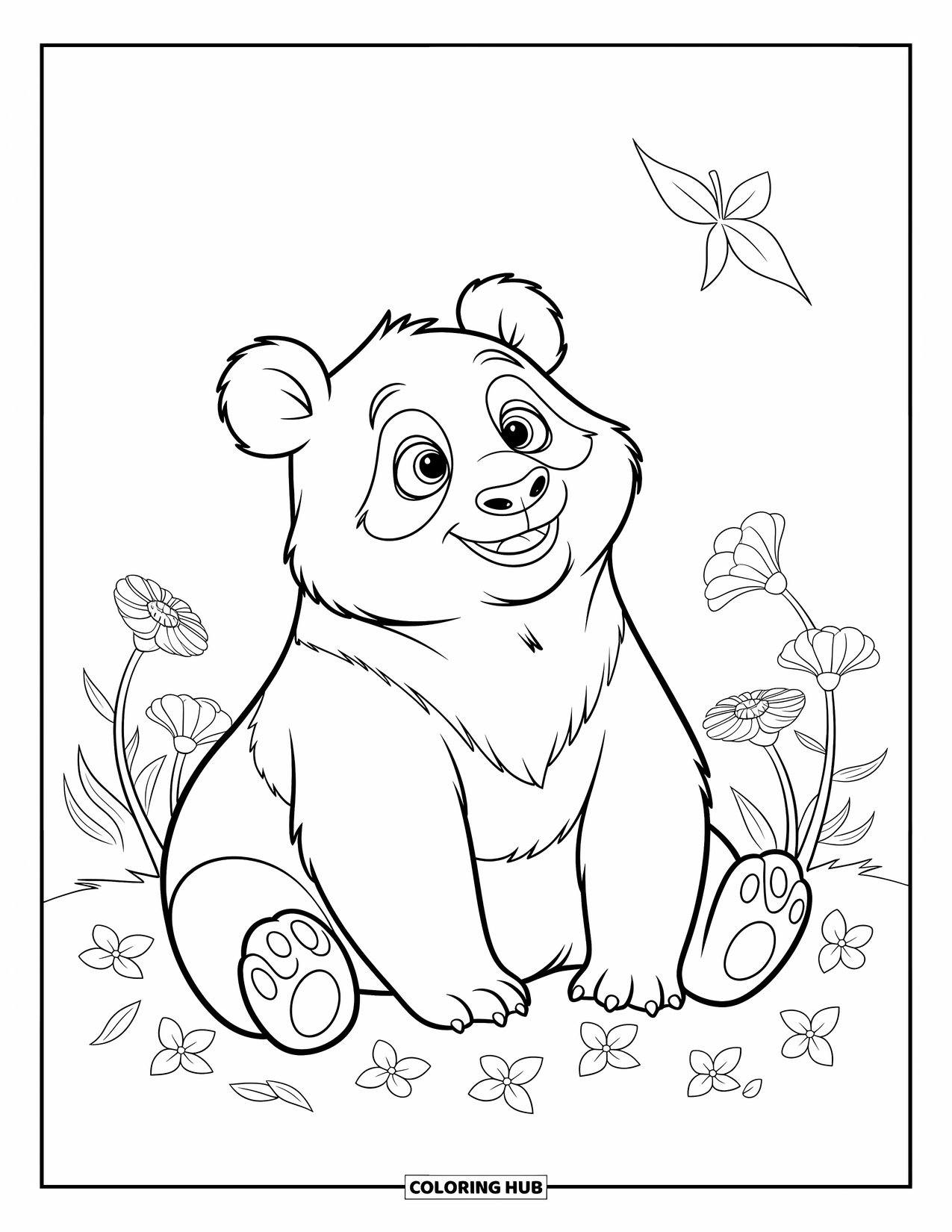 Panda Kleurplaat voor Kinderen: Een panda zit tussen de bloemen en kijkt met grote, nieuwsgierige ogen naar een blad dat in de lucht danst