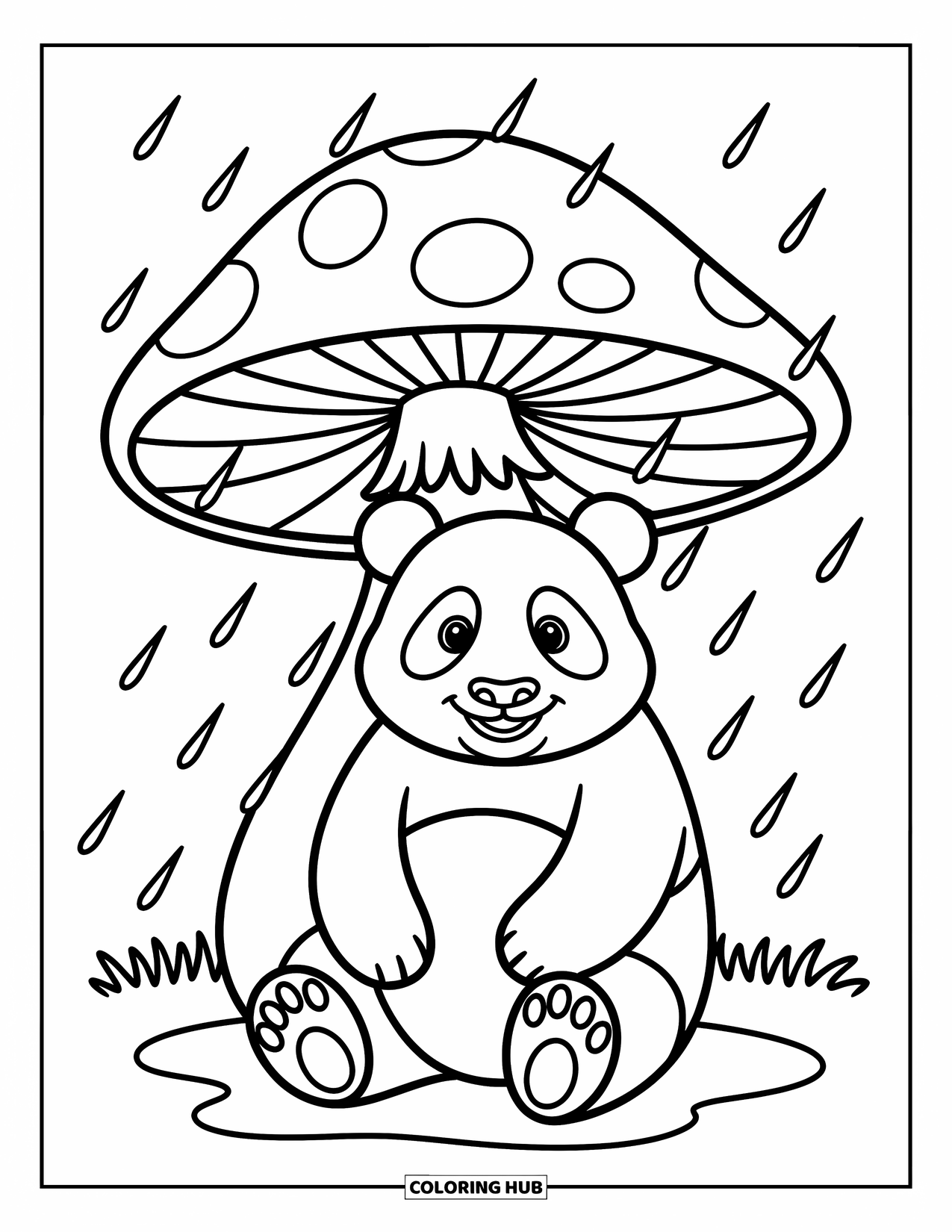 Panda Kleurplaat voor Kinderen: Een panda zit comfortabel onder een reusachtige paddenstoel, en blijft droog terwijl er regendruppels vallen
