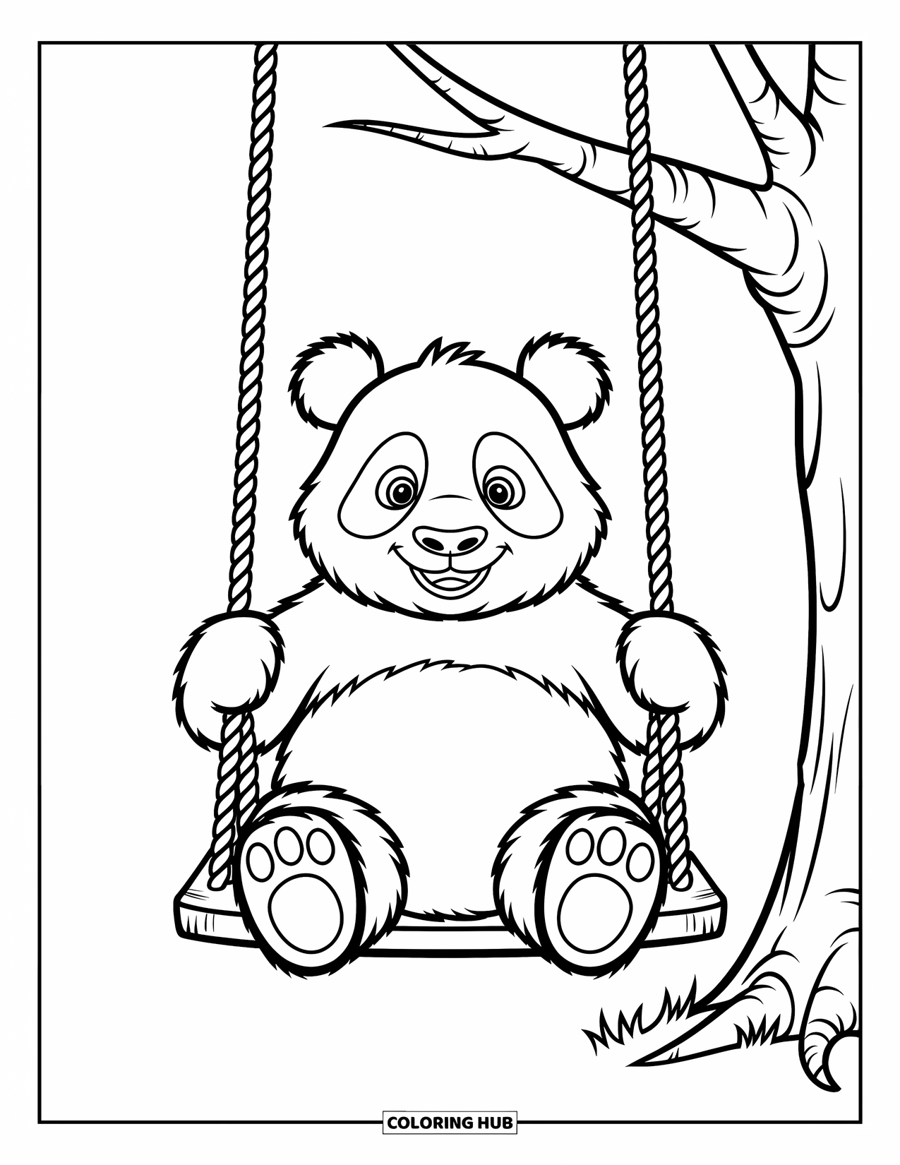 Panda Kleurplaat voor Kinderen: Een panda zit vrolijk op een houten schommel en zwaait zachtjes aan een stevige boomtak