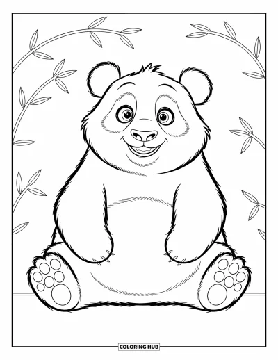 Panda-Ausmalbild für Kinder: Ein Panda sitzt glücklich mit gespreizten Beinen und blickt staunend nach oben