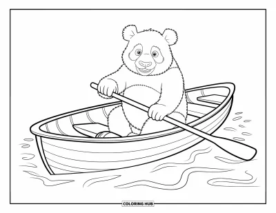 Panda-Ausmalbild für Kinder: Ein Panda sitzt in einem Boot und hängt seinen Gedanken nach, während Wasserwellen einen ruhigen Rhythmus geben
