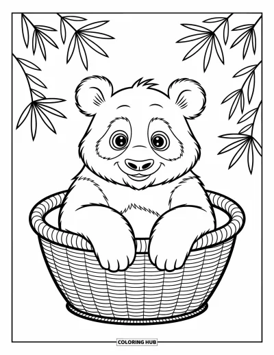 Panda-Ausmalbild für Kinder: Ein Panda sitzt gemütlich in einem geflochtenen Korb, seine großen Augen voller verspielter Neugier