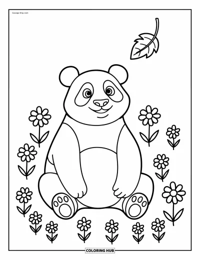 Panda-Ausmalbild für Kinder: Ein Panda sitzt in einem Blumenfeld und schaut neugierig zu einem schwebenden Blatt hinauf