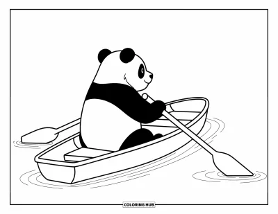 Panda-Ausmalbild für Kinder: Ein Panda sitzt in einem Ruderboot, hält ein Ruder und blickt auf das ruhige Wasser vor ihm