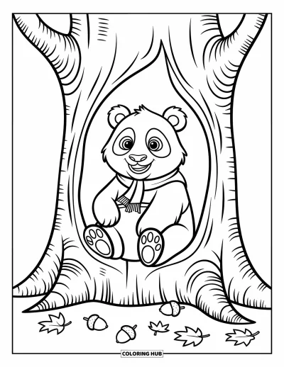 Panda-Ausmalbild für Kinder: Ein Panda sitzt in einem hohlen Baumstamm, schaut mit großen Augen hervor und trägt einen kleinen Schal
