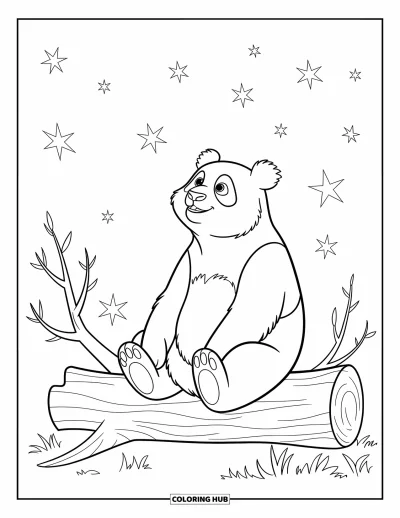Panda-Ausmalbild für Kinder: Ein Panda sitzt auf einem umgestürzten Baumstamm und blickt in einen Himmel voller funkelnder Sterne