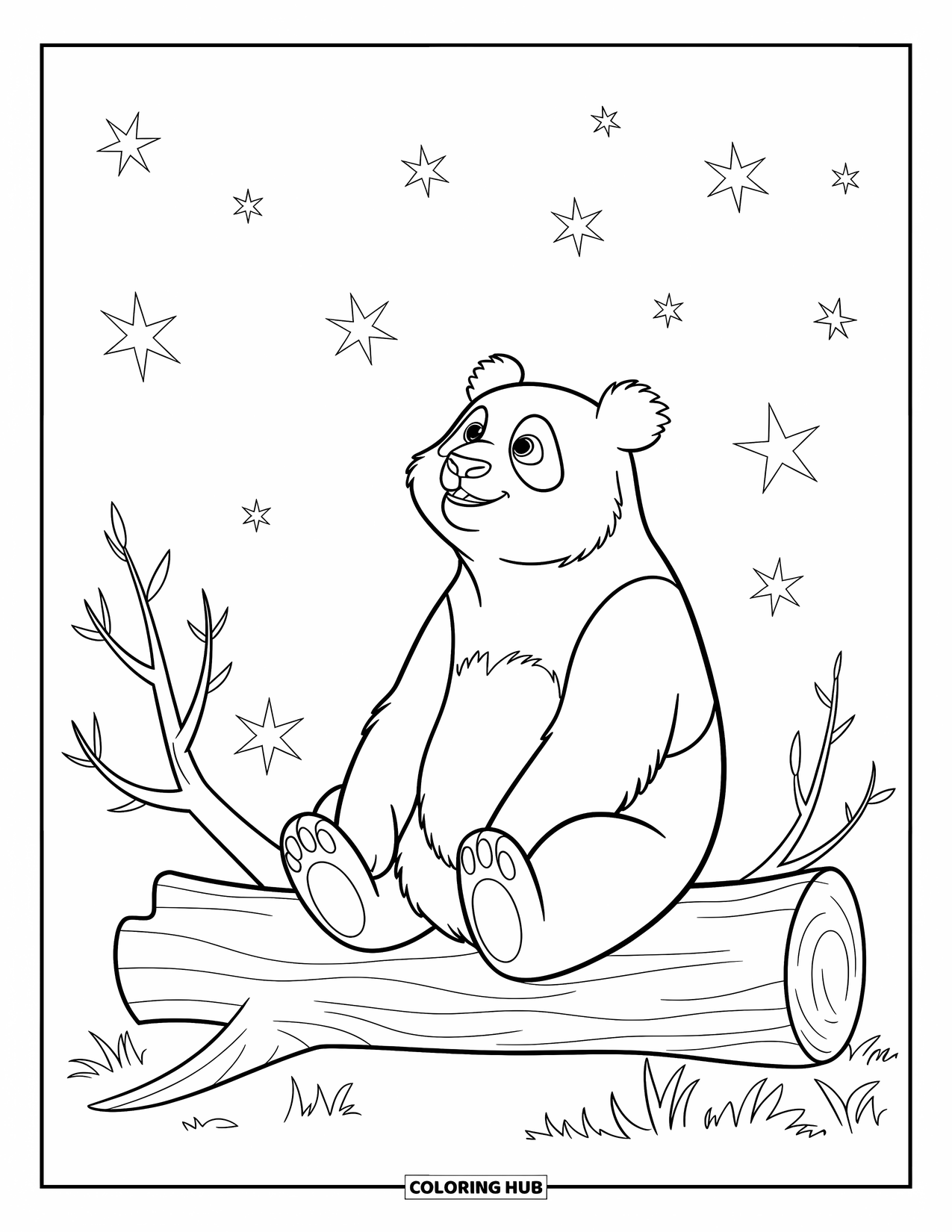 Panda Kleurplaat voor Kinderen: Een panda zit op een omgevallen boomstam en kijkt op naar een hemel vol fonkelende sterren