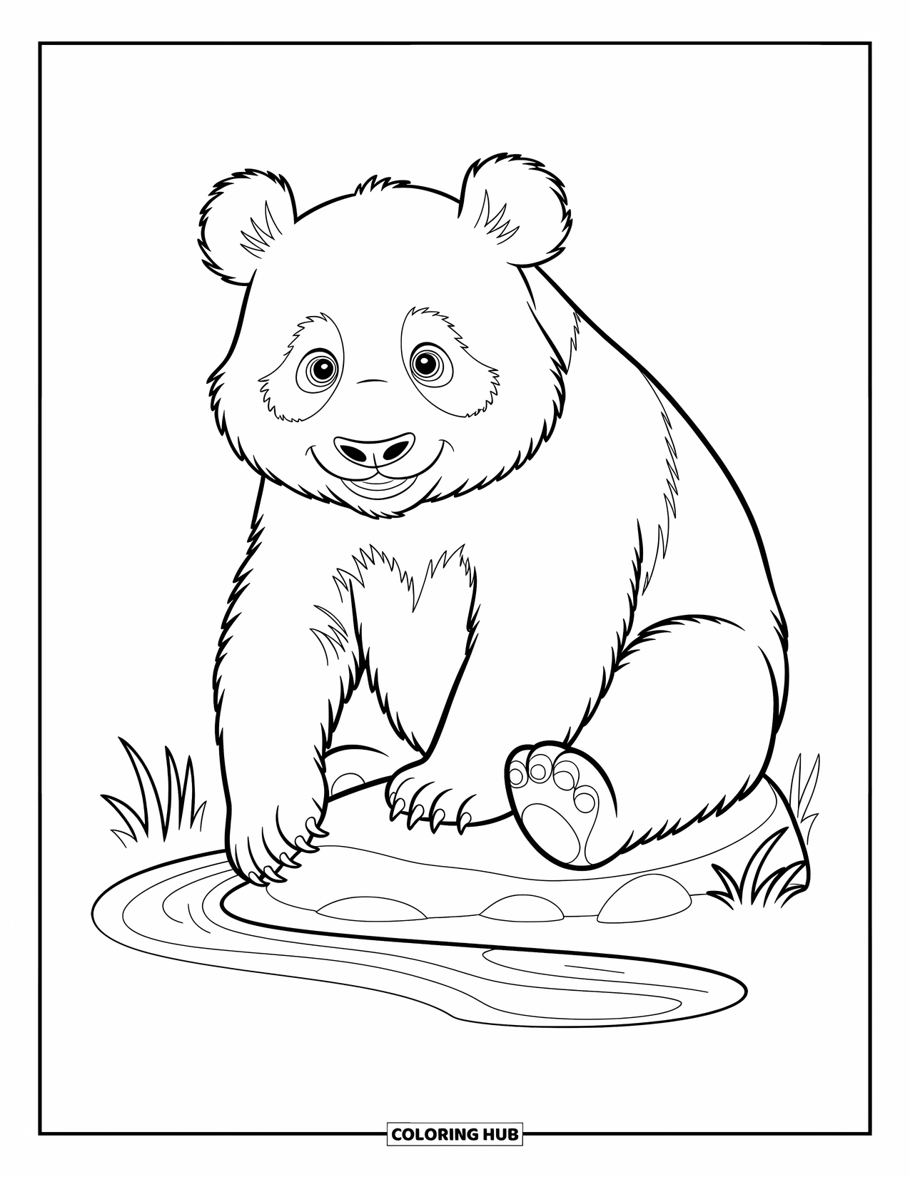 Panda Kleurplaat voor Kinderen: Een panda zit op een rots en doopt zijn poot in een kalme, stromende beek