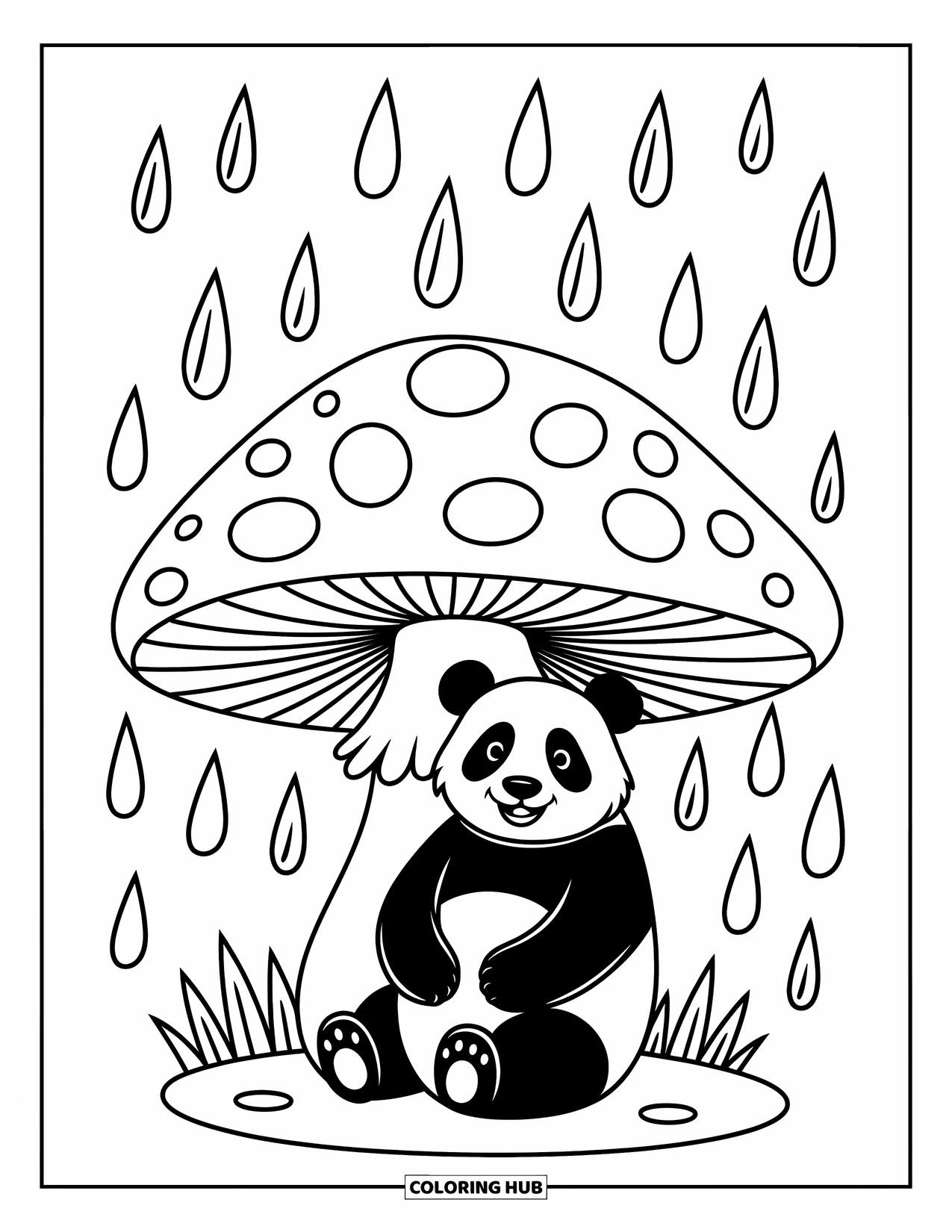 Panda Kleurplaat voor Kinderen: Een panda zit vredig onder een torenhoge paddenstoel en kijkt toe hoe regendruppels een rustgevend ritme creëren