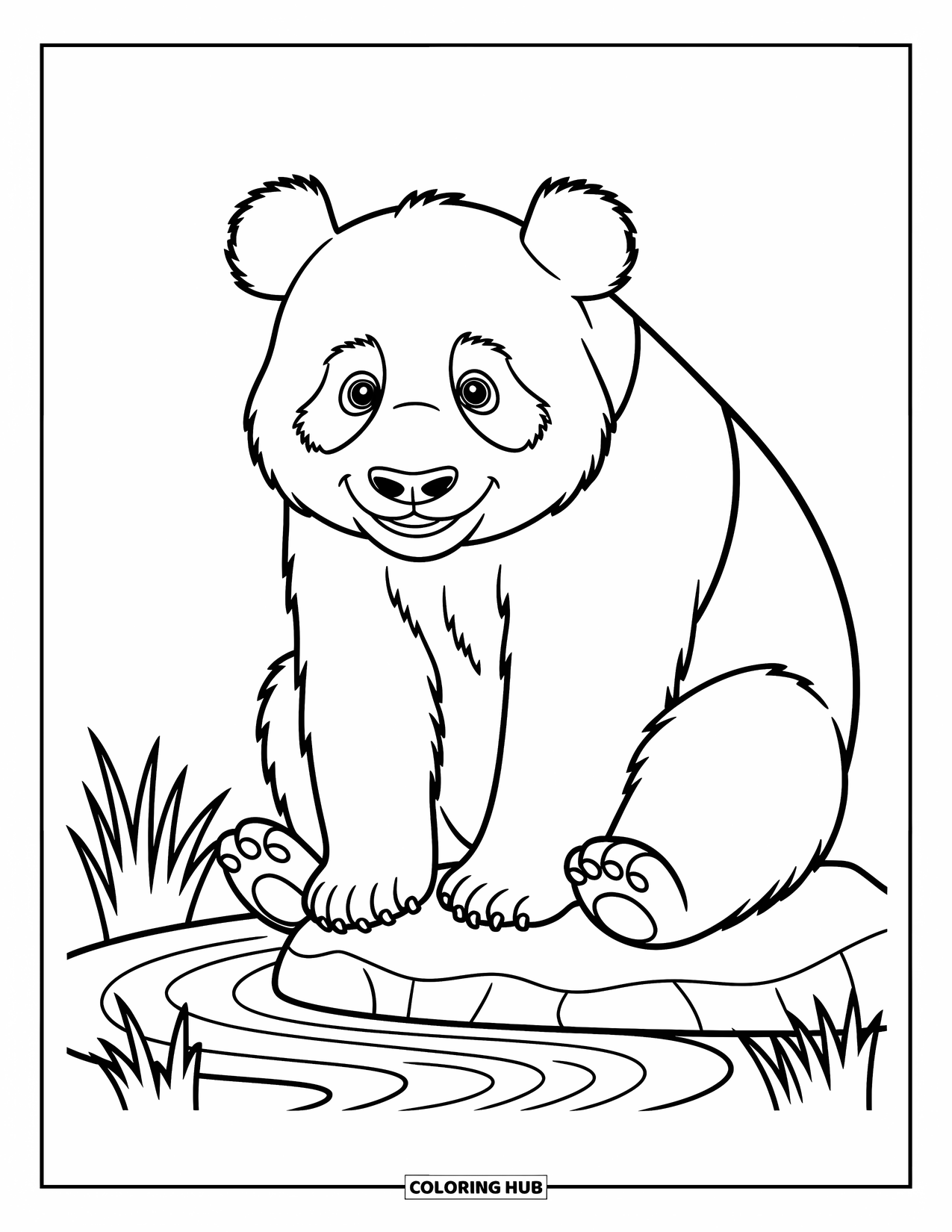 Panda Kleurplaat voor Kinderen: Een panda zit vredig op een rots, zijn poot gedoopt in een rustige, stromende beek