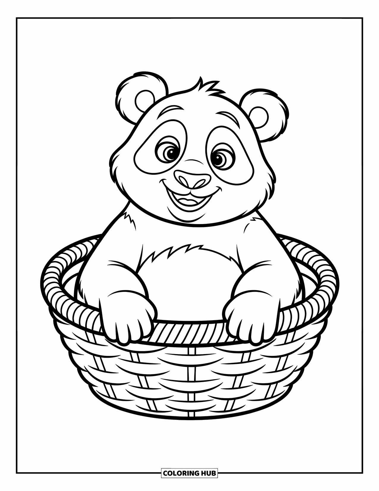 Panda Kleurplaat voor Kinderen: Een panda zit knus in een mand, zijn ronde lichaam omlijst door zachte wolken en wuivende bamboe