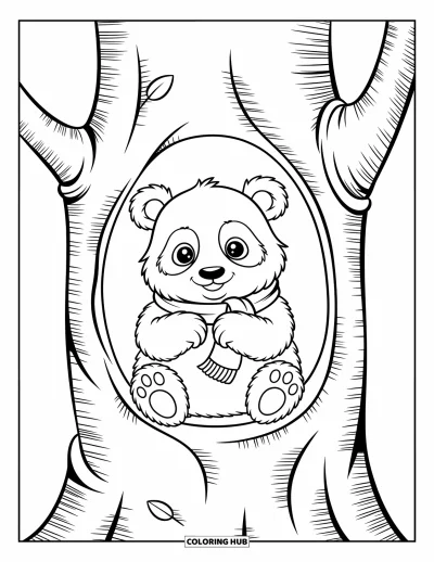 Panda-Ausmalbild für Kinder: Ein Panda sitzt gemütlich in einem hohlen Baumstamm, mit kleinem Schal und weichen Blättern daneben
