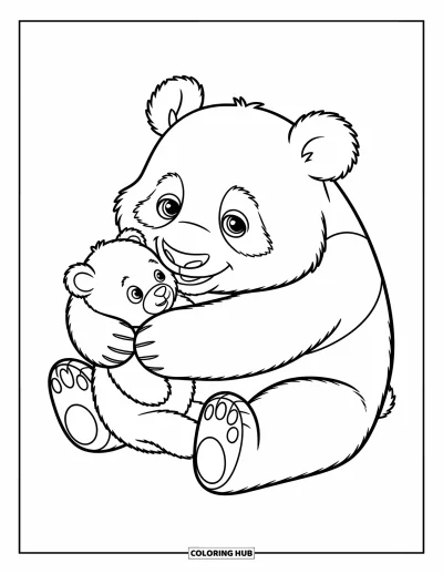 Panda-Ausmalbild für Kinder: Ein Panda kuschelt einen kleinen Teddybären und strahlt Wärme und Geborgenheit aus