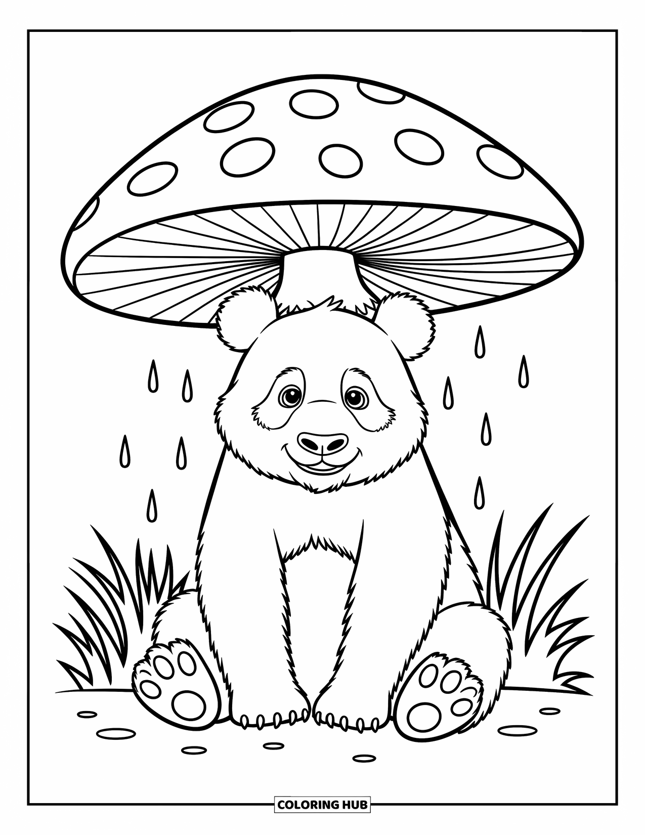 Panda Kleurplaat voor Kinderen: Een panda kruipt onder een paddenstoel, en blijft droog terwijl de regen er zachtjes omheen valt