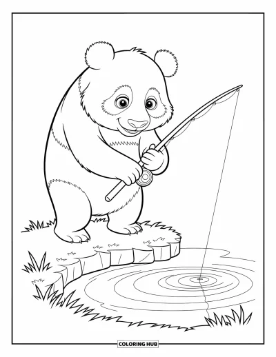 Panda-Ausmalbild für Kinder: Ein Panda steht am Teich und lässt seine Angelschnur staunend ins Wasser