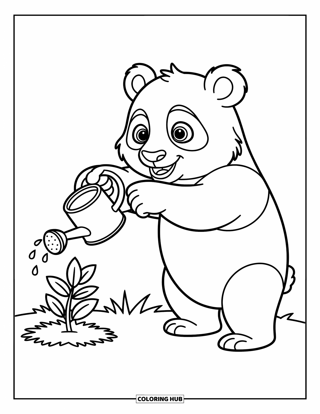 Panda Kleurplaat voor Kinderen: Een panda staat vrolijk een plant water te geven en kijkt toe hoe de druppels op de groeiende bladeren vallen