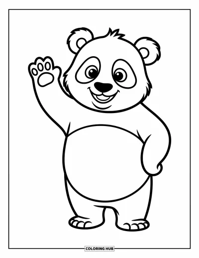 Panda-Ausmalbild für Kinder: Ein Panda steht auf den Hinterbeinen und winkt spielerisch mit fröhlichem Gesichtsausdruck
